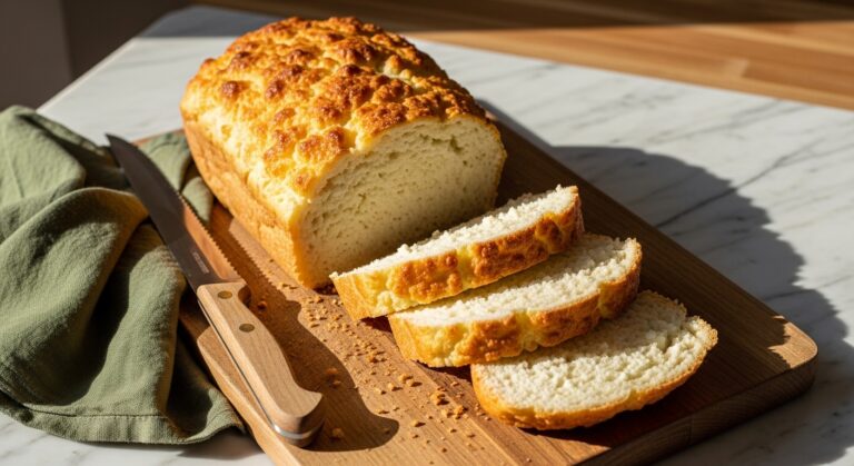 A beautifully baked loaf of golden-crusted Cottage Cheese Bread, with several perfectly cut slices revealing its soft, fluffy white interior, resting on the same wooden cutting board. A bread knife with a wooden handle and a dark green linen napkin are artfully placed beside it. The scene is bathed in natural morning light from an east window, with soft shadows, warm tones, and a clean, tidy presentation on marble countertops with wood accents. No hands visible.