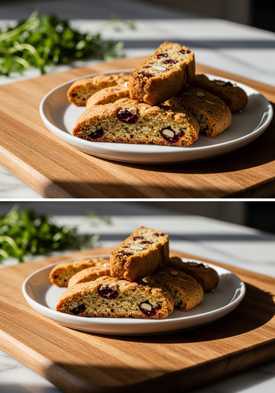 A different angle of the same delicious Cranberry Almond Biscotti on a minimalist white plate, showcasing the crunchy texture and the vibrant red cranberries. The wooden cutting board is present in the foreground, with natural morning light creating soft shadows. Fresh herbs are visible in the background on the marble countertop, adding a touch of green to the warm-toned scene. It feels like a genuine, homemade treat.