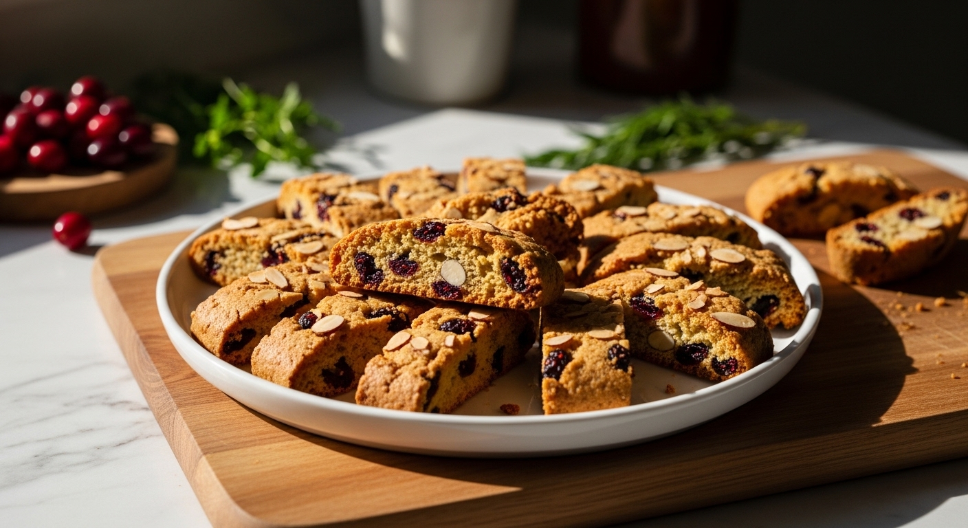 A beautifully arranged spread of golden-brown Cranberry Almond Biscotti on a minimalist white plate, resting on the wooden cutting board. Natural morning light from the east window illuminates the scene, highlighting the tart cranberries and toasted almonds. Soft shadows, warm tones, and fresh herbs are subtly visible in the background on the marble countertop. The presentation is clean and tidy, evoking a lived-in kitchen.