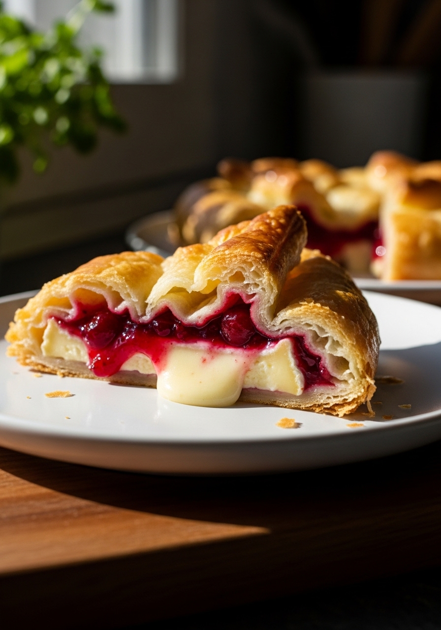 A close-up shot of a wedge of the Cranberry Brie in Puff Pastry Tart, showing the oozing, creamy brie and vibrant cranberry sauce against the flaky, golden pastry. It sits on a minimalist white plate on the wooden cutting board. Natural morning light from the east window illuminates the scene, with soft shadows and fresh herbs subtly blurred in the background, creating a warm and inviting atmosphere.