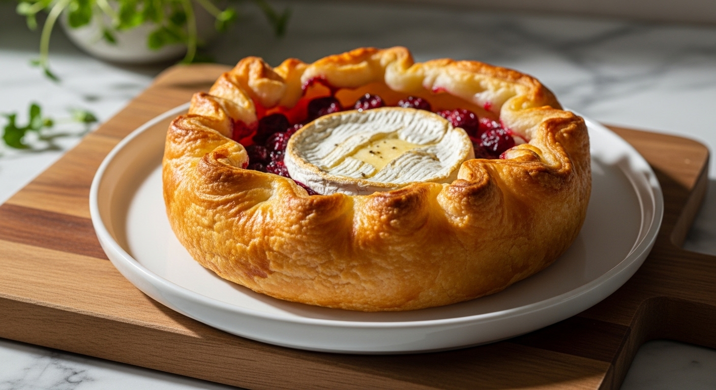 A beautifully baked Cranberry Brie in Puff Pastry Tart, golden brown and perfectly puffed, served whole on a minimalist white plate, resting on the wooden cutting board on marble countertops. Natural morning light casts soft shadows. Fresh herbs are visible in the background, adding a touch of vibrant green. The warm tones highlight the delicious appearance.
