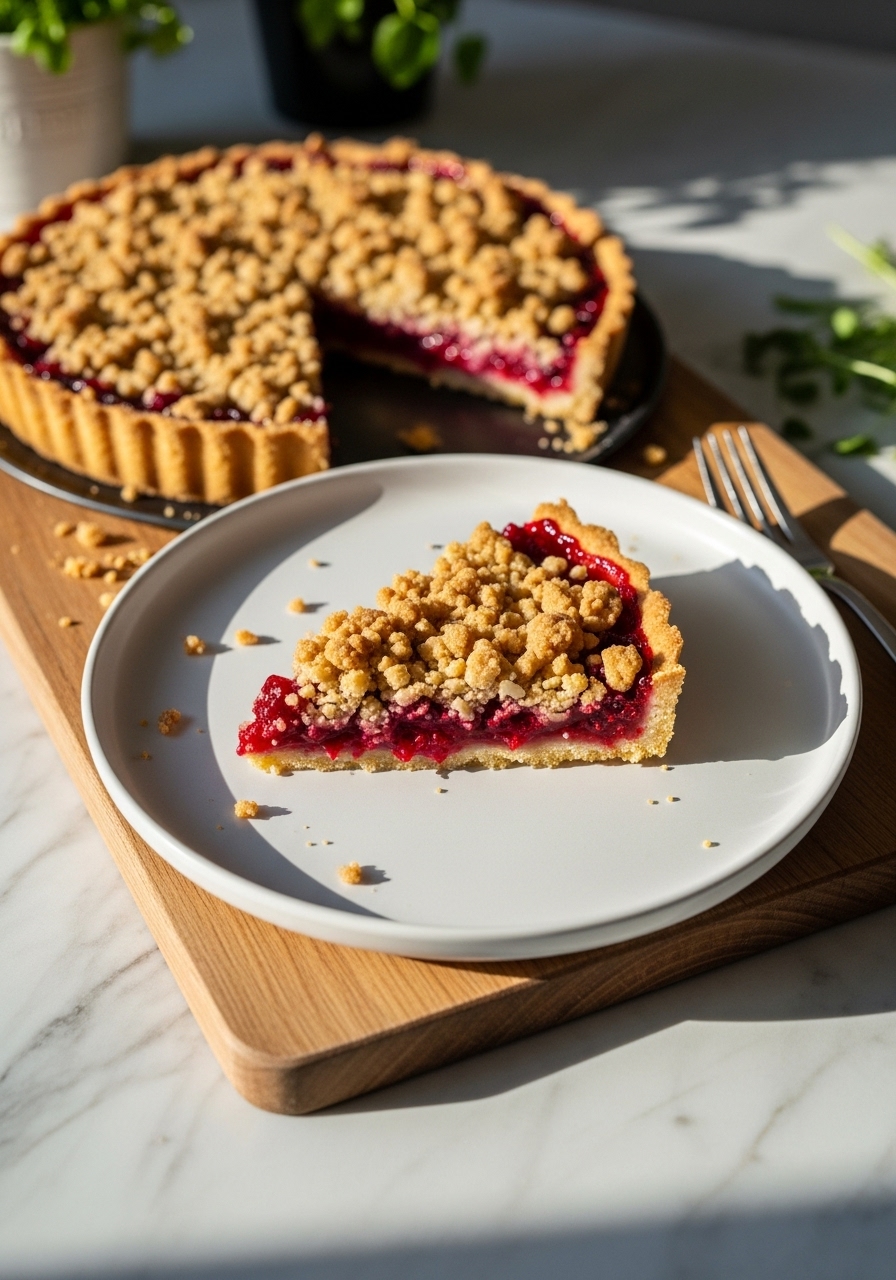 A beautifully plated Cranberry Crumb Tart, showcasing a slice artfully cut and served on a minimalist white plate, revealing the vibrant cranberry filling and crunchy streusel texture. The plate is on the same wooden cutting board on marble countertops, with natural morning light and soft shadows, and fresh herbs visible in the background. The scene is clean and tidy. No hands.