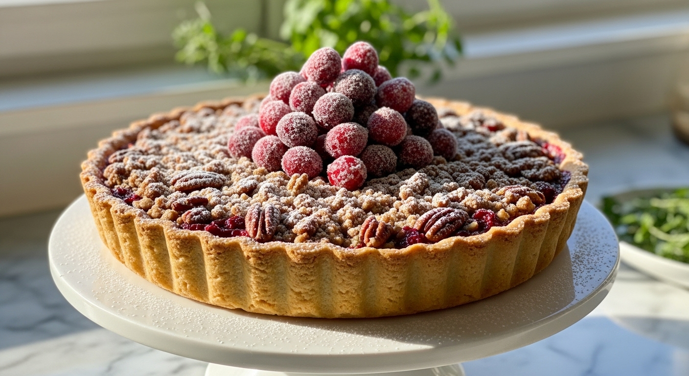 A stunning, mouth-watering Cranberry Crumb Tart, perfectly baked with a golden, fluted crust and a generous streusel topping mixed with pecans, glistening with sugared cranberries piled in the center, and lightly dusted with powdered sugar. The tart rests on a minimalist white cake stand, positioned on marble countertops. The scene is bathed in natural morning light from an east window, creating soft shadows and warm tones, with fresh herbs subtly visible in the background for a clean, tidy presentation. No hands.