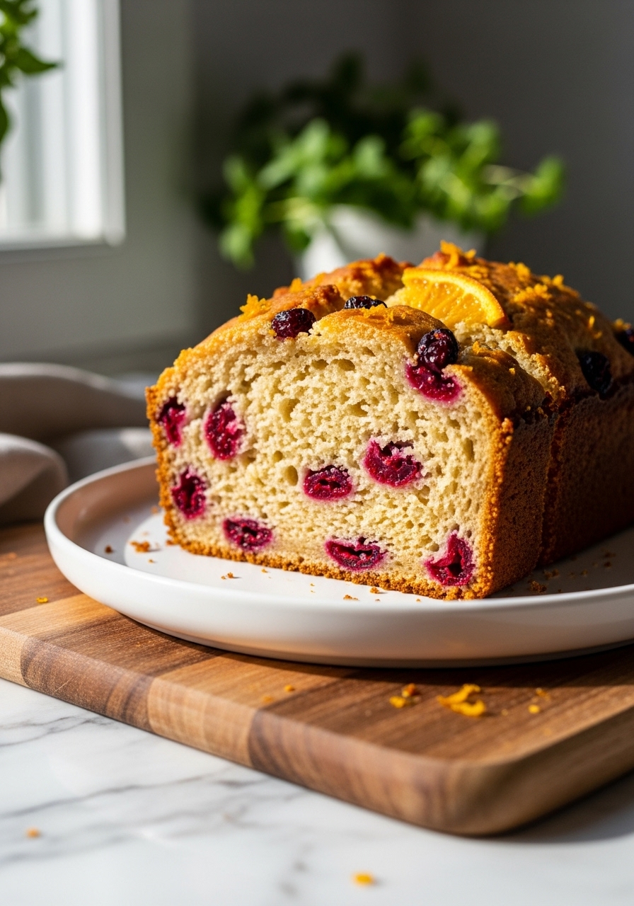 A close-up, slightly angled side view of a slice of Cranberry Orange Bread on a minimalist white plate, showcasing the tender crumb and distribution of cranberries and orange zest. The loaf rests on the same wooden cutting board on marble countertops. Natural morning light from the east window illuminates the scene, highlighting textures and warm tones. Fresh herbs are blurred in the background, consistent with the kitchen's visual identity. The presentation is clean and inviting.