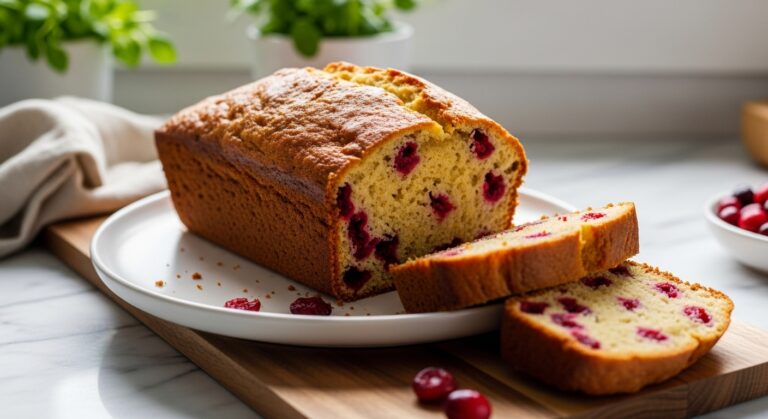 A beautifully golden-brown loaf of Cranberry Orange Bread, perfectly sliced to reveal the moist interior studded with bright red cranberries. It sits on a minimalist white plate on a wooden cutting board, positioned on marble countertops. Natural morning light streams from the east window, creating soft shadows. Fresh green herbs are visible in the background, adding a touch of freshness. The scene is clean, tidy, and exudes warm tones.