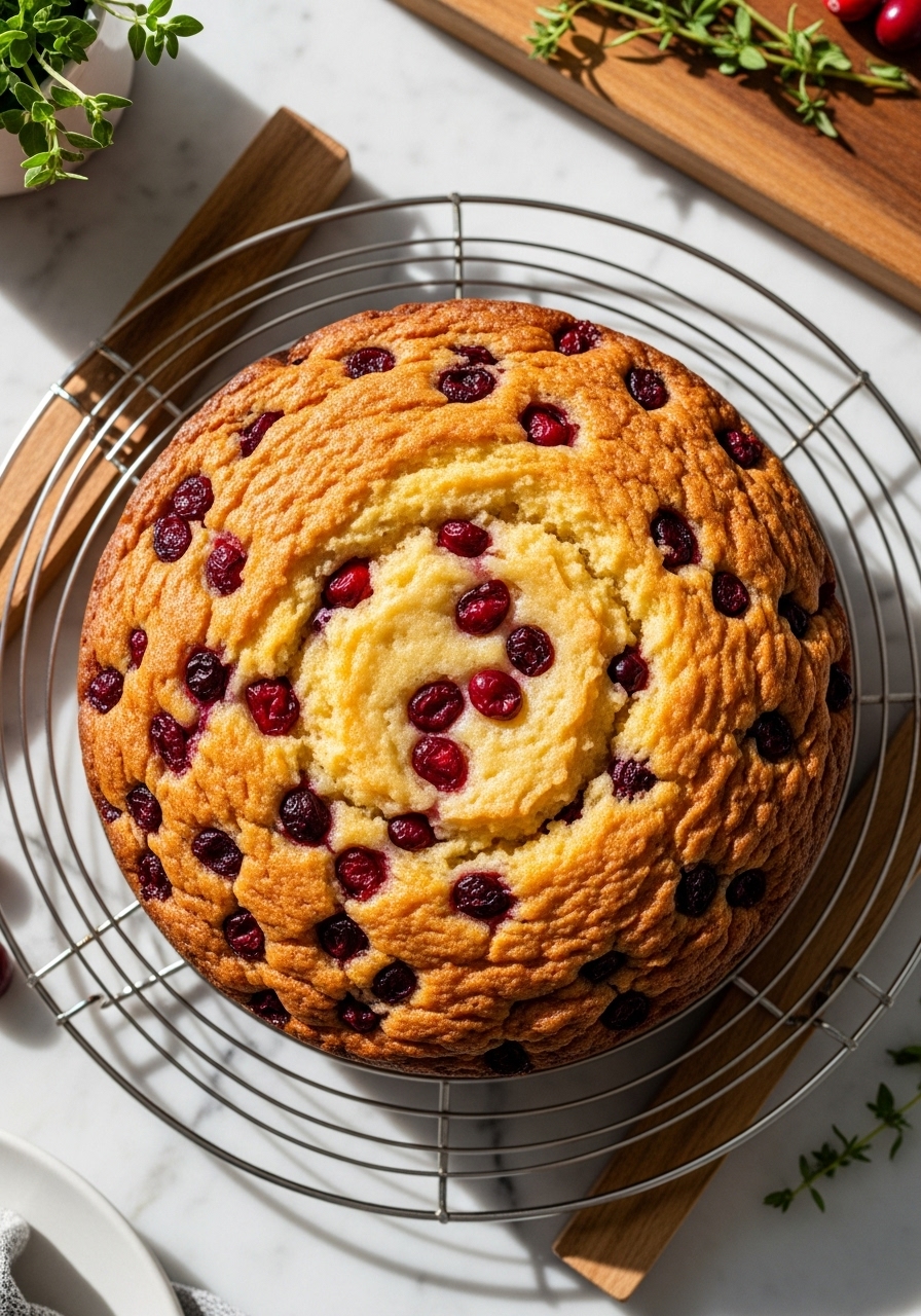 An overhead shot of a full Cranberry Orange Breakfast Cake, just out of the oven, cooling on a wire rack on a marble countertop with wood accents. Natural morning light highlights the cake's texture and the glistening cranberries. Fresh herbs are visible in the background, with the same wooden cutting board in view. The scene is clean and tidy.