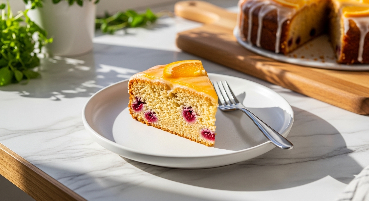 A beautifully plated slice of Cranberry Orange Breakfast Cake, topped with a delicate orange glaze, resting on a minimalist white plate. The plate is on a marble countertop with wood accents. Natural morning light streams from an east window, casting soft shadows. Fresh herbs are visible in the background, along with the same wooden cutting board. The presentation is clean and tidy, capturing a warm, inviting tone.