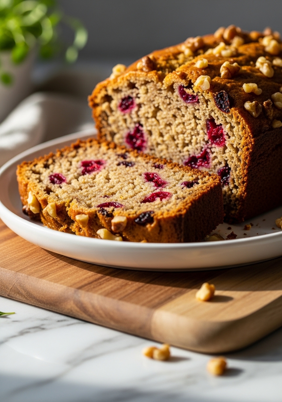 A close-up side view of a perfectly baked and sliced Easy Cranberry Orange Nut Bread, showcasing its moist texture and the vibrant specks of cranberries and walnuts. The slice is on a minimalist white plate, resting on the wooden cutting board on marble countertops. Natural morning light streams in, highlighting the texture and warm tones. Fresh herbs are subtly visible in the soft-focused background. The presentation is clean and inviting.