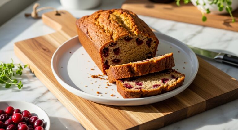 A perfectly baked loaf of Easy Cranberry Orange Nut Bread, elegantly sliced and arranged on a minimalist white plate. The plate rests on the same wooden cutting board, set against marble countertops with wood accents. Natural morning light from an east window casts soft, warm shadows. Fresh herbs are visible in the background, adding a touch of vibrant green. The scene is clean, tidy, and radiates a comforting, homemade feel with warm tones.