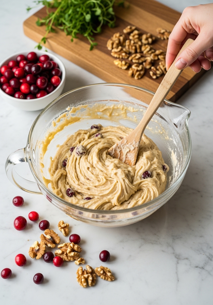 A 3:4 shot showing a mixing bowl filled with Cranberry Walnut Bread batter, with a wooden spoon resting inside. A scattering of fresh cranberries and chopped walnuts are visible on the marble countertop next to the bowl. Natural morning light casts soft shadows, and fresh herbs are in the background, all on the same wooden cutting board.