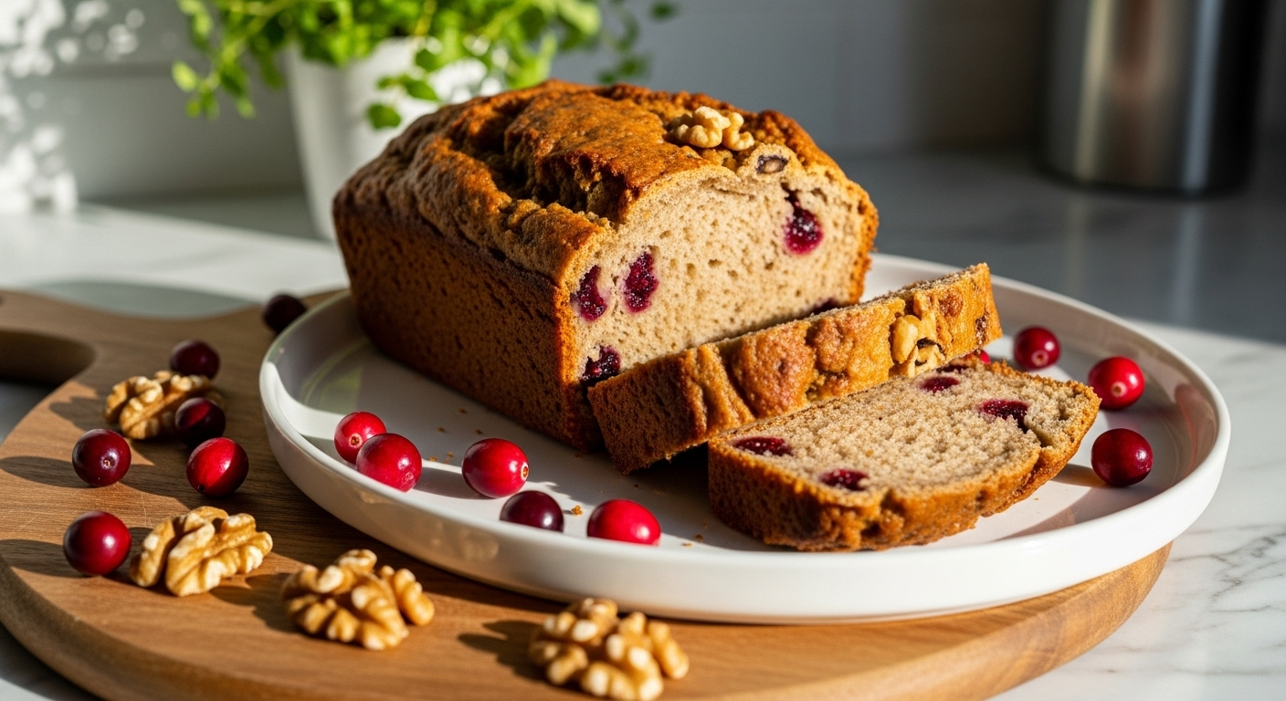 A beautiful 16:9 shot of a sliced Cranberry Walnut Bread loaf on a minimalist white plate, with a few fresh cranberries and walnuts scattered artfully around it on a wooden cutting board. The scene is set on marble countertops with natural morning light illuminating the shot, and fresh herbs are visible in the soft-focused background, creating warm tones and a clean, tidy presentation.