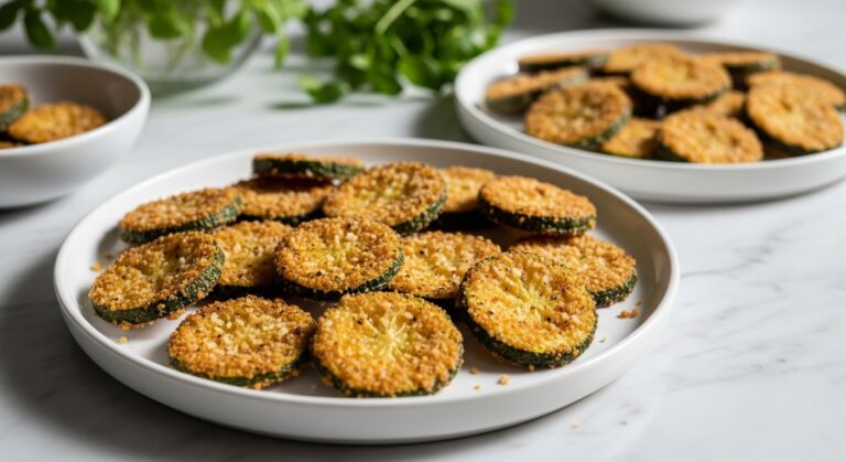 A beautifully arranged platter of golden brown, crispy parmesan zucchini chips, perfectly baked, presented on minimalist white plates on marble countertops. Natural morning light casts soft shadows. Fresh herbs are visible in the background, adding a touch of green. The overall scene is clean, tidy, and exudes a warm, inviting tone. No hands or people.