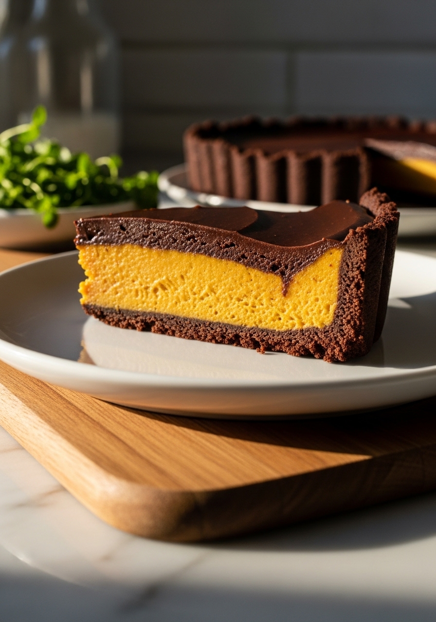 A close-up, slightly angled side view of the same Dark Chocolate Pumpkin Tart, showcasing the distinct layers of the chocolate crust, pumpkin filling, and ganache. The slice is on a minimalist white plate, placed on the same wooden cutting board. Natural morning light from the east window highlights the textures, with warm tones and soft shadows. Fresh herbs are visible in the background on the marble countertop. The scene maintains a clean and tidy presentation.