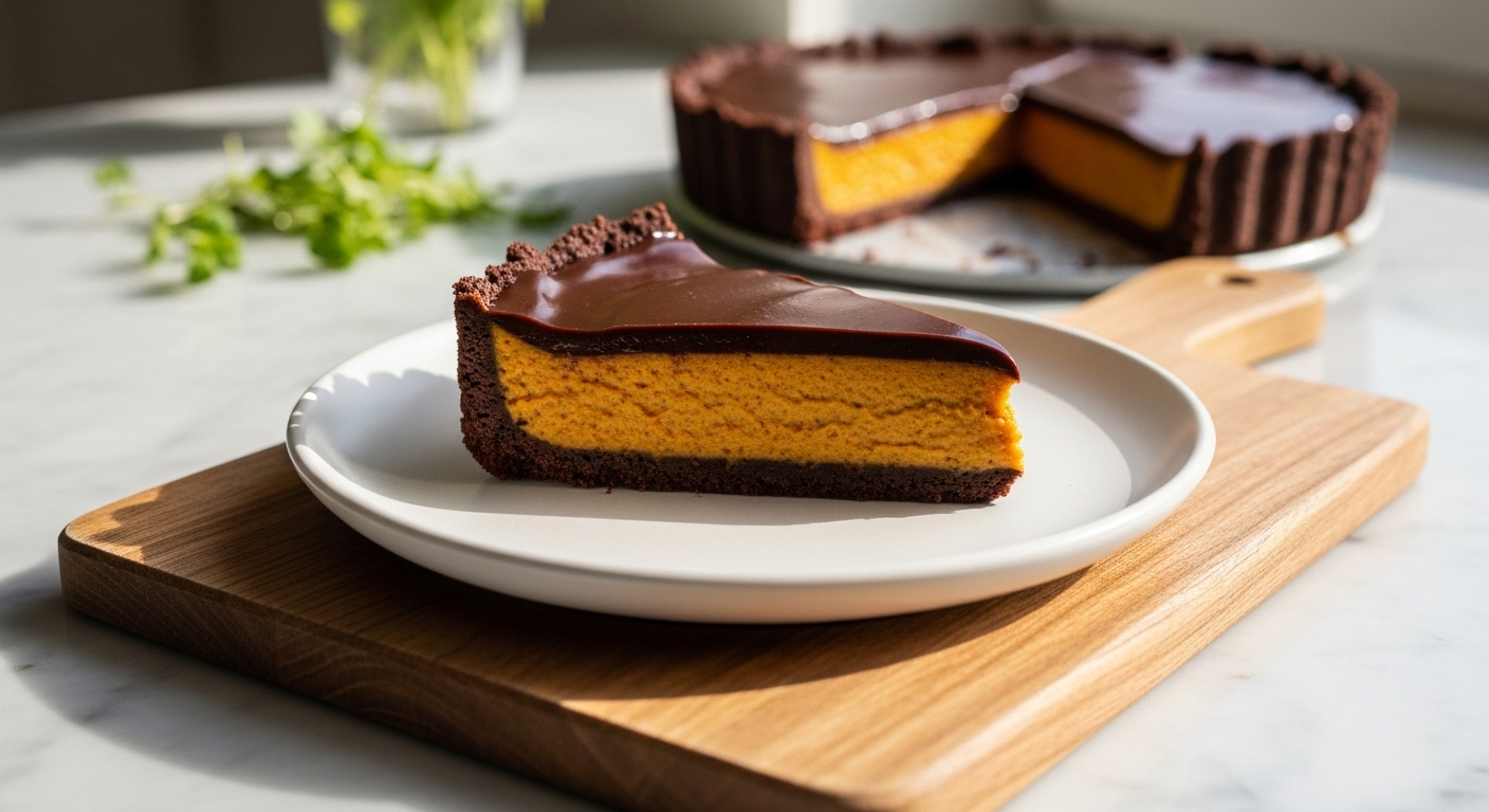 A beautifully plated slice of Dark Chocolate Pumpkin Tart on a minimalist white plate, resting on the same wooden cutting board. The tart features a perfectly set spiced pumpkin filling within a deep chocolate crust, topped with a glossy dark chocolate ganache. Soft, natural morning light from the east window illuminates the scene, creating warm tones and soft shadows. Fresh herbs are subtly visible in the background on the marble countertop. The presentation is clean and tidy.