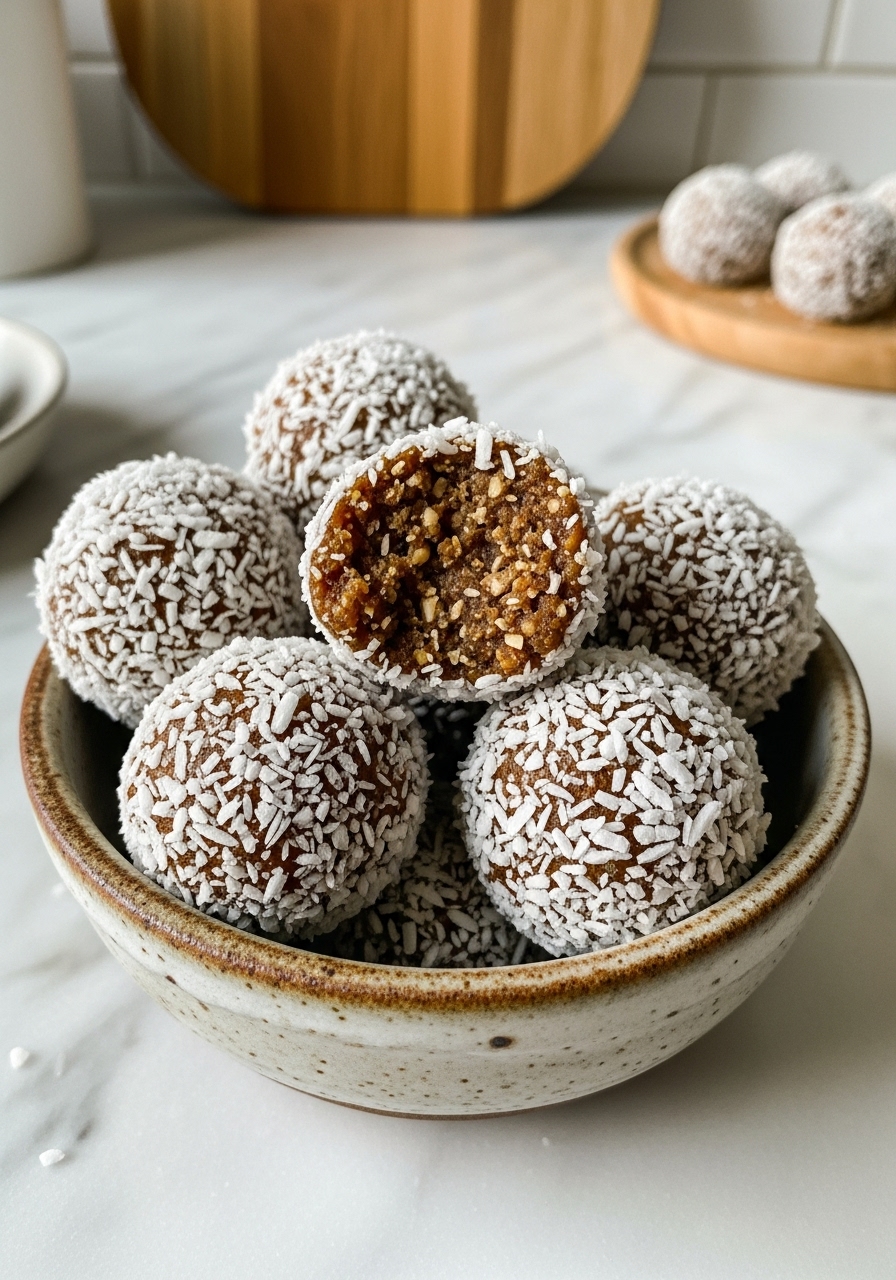 A close-up, slightly elevated shot of the delicious coconut-coated date energy balls in the same rustic ceramic bowl, placed on the marble countertop with subtle wood accents in the background, illuminated by natural morning light, capturing the delicious texture of the shredded coconut and the inviting brown interior of the balls. The scene is clean and tidy.