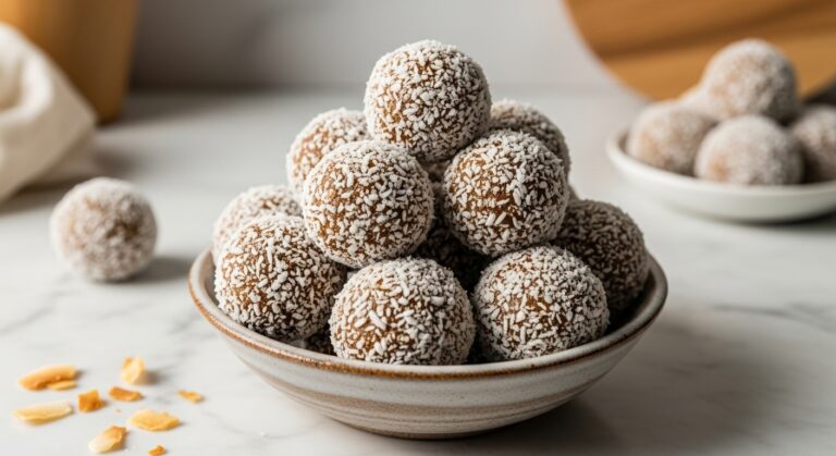 A beautifully composed 16:9 hero shot of mouth-watering coconut-coated date energy balls piled high in a rustic ceramic bowl, glistening under natural morning light. The bowl is positioned on a marble countertop, with subtle wood accents in the soft-focus background, alongside a few artful crumbs of coconut. The presentation is clean and tidy, radiating warmth and homemade goodness.