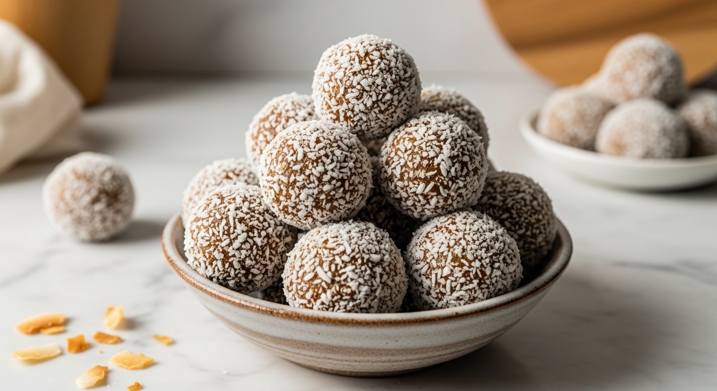 A beautifully composed 16:9 hero shot of mouth-watering coconut-coated date energy balls piled high in a rustic ceramic bowl, glistening under natural morning light. The bowl is positioned on a marble countertop, with subtle wood accents in the soft-focus background, alongside a few artful crumbs of coconut. The presentation is clean and tidy, radiating warmth and homemade goodness.