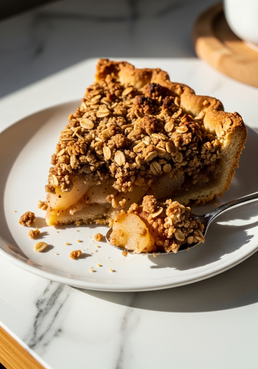 An inviting close-up of a delicious slice of golden-brown Dutch Pear Pie, showcasing the tender spiced pear filling and the rustic oat streusel topping with visible oats. A spoonful has been taken, revealing the juicy interior. It is served on a minimalist white plate, resting on marble countertops with subtle wood accents, illuminated by natural morning light. The presentation is clean and tidy with warm tones and soft shadows.