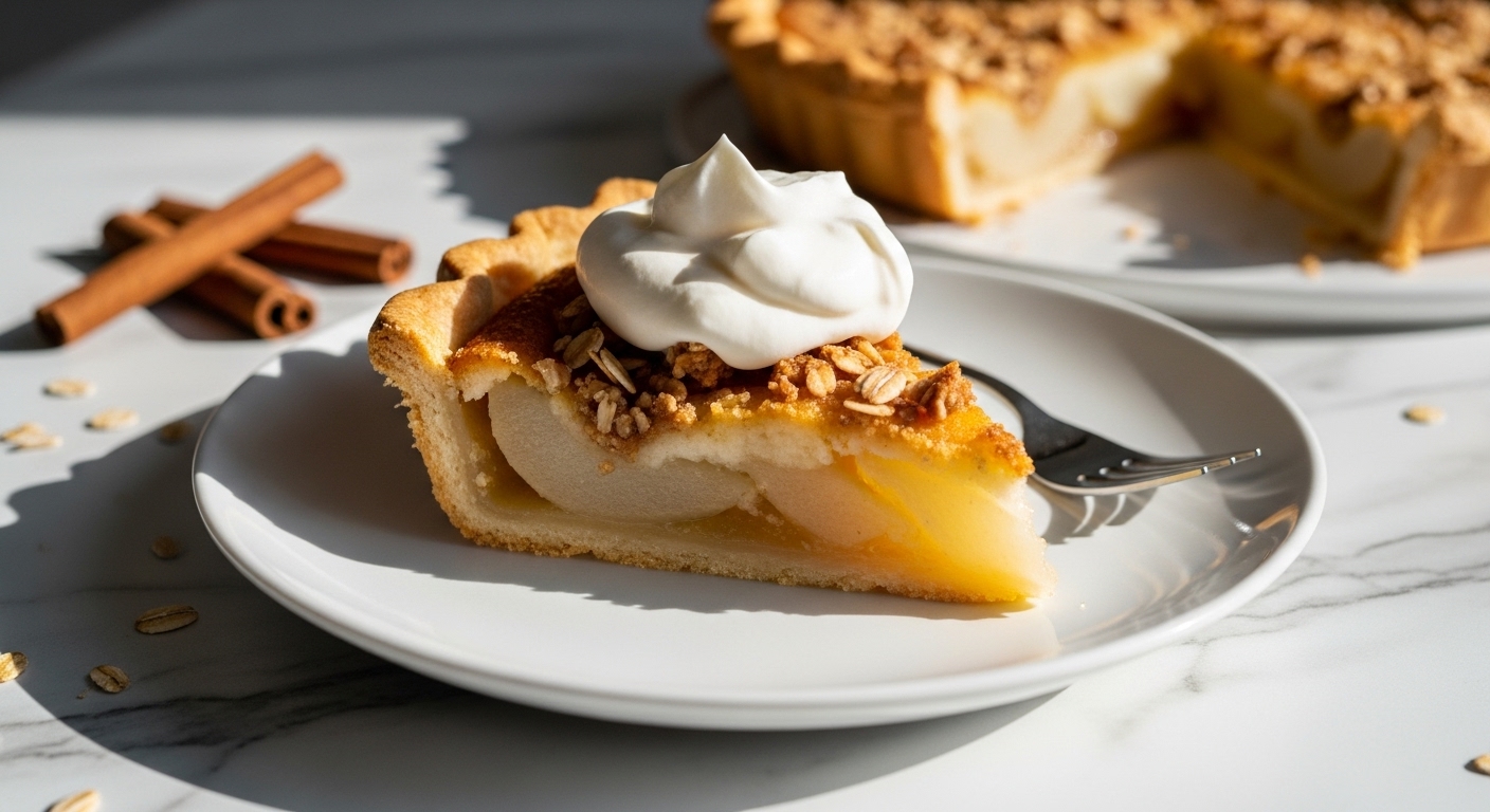 A beautifully plated slice of golden-brown Dutch Pear Pie, topped with a dollop of fresh white whipped cream and hints of a rustic oat streusel. The flaky crust is visible. It sits on a minimalist white plate on marble countertops, bathed in natural morning light from an east window. A few cinnamon sticks are artfully arranged nearby, adding warm tones. The scene is clean and tidy with soft shadows.