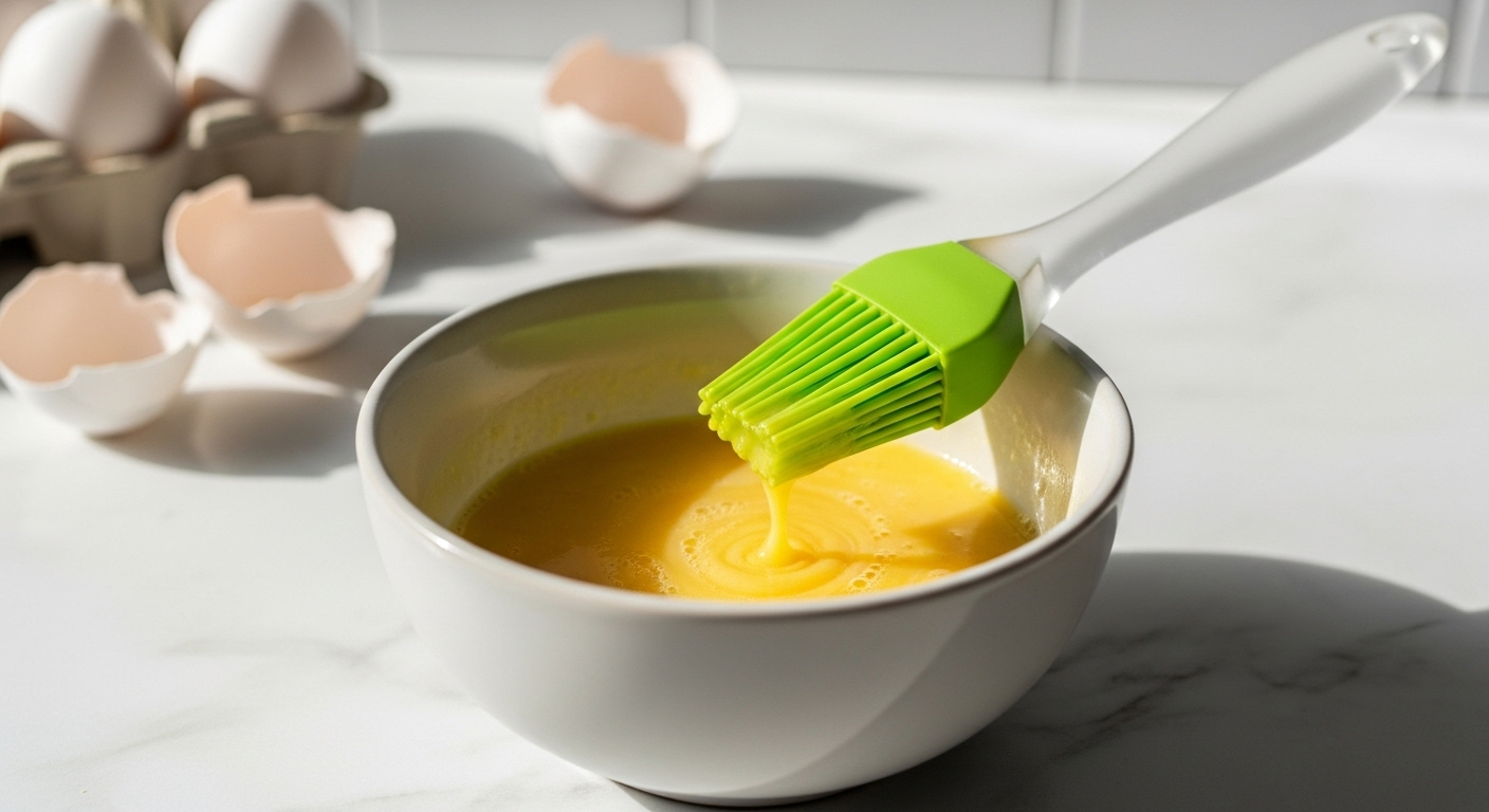 A beautifully composed static shot of a small ceramic bowl filled with perfectly whisked, golden-yellow egg wash, ready for use. A clean green silicone pastry brush rests gently on the rim of the bowl, with a single drip falling back into the mixture. The bowl sits on a white marble countertop, bathed in natural morning light, with soft shadows. In the background, a few fresh eggs in a paper carton and some delicate eggshells are subtly visible, along with a hint of white subway tile backsplash. The scene is clean, tidy, and exudes a warm, inviting tone, emphasizing the luscious texture and color of the egg wash, without any hands or people.