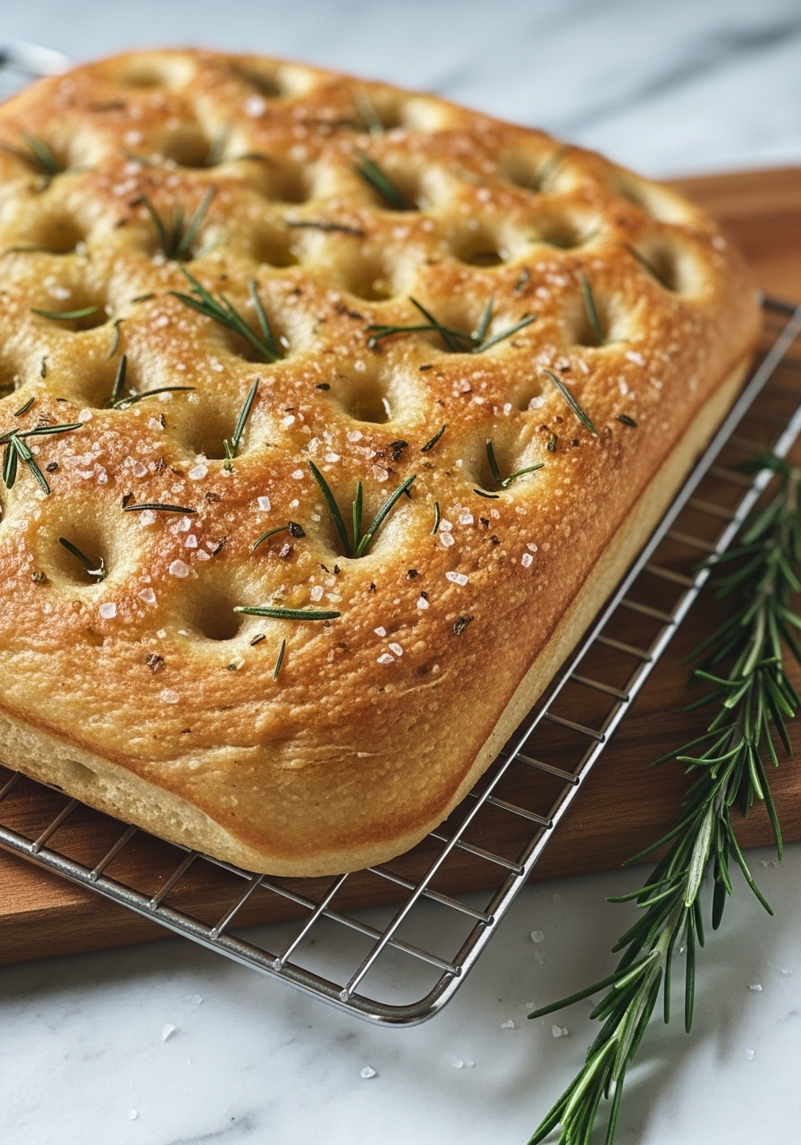 A delicious, close-up, slightly angled shot of the golden-brown focaccia bread, showcasing its beautiful dimpled texture and the glistening olive oil, fresh rosemary, and coarse sea salt. It rests on a cooling rack, positioned on the wooden cutting board, with soft natural morning light highlighting its inviting crust. A sprig of fresh rosemary is gently placed beside it on the marble countertop. NO HANDS.
