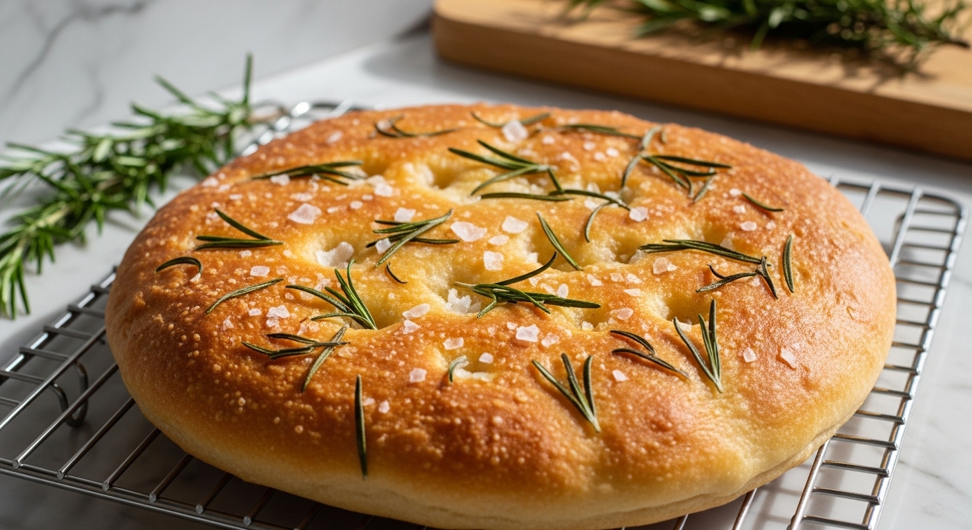 A mouth-watering, perfectly golden-brown focaccia bread, generously adorned with fresh rosemary sprigs and flaky sea salt, resting on a metal cooling rack. The background features a corner of a marble countertop with a hint of the same wooden cutting board and soft natural morning light streaming in, creating warm tones and gentle shadows. Fresh rosemary is visible nearby, emphasizing the natural, homemade feel. The presentation is clean and tidy. NO HANDS.