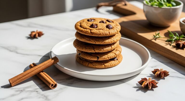 A beautifully plated stack of Gingerbread Chocolate Chip Cookies on a minimalist white plate, set on marble countertops. A few whole cinnamon sticks and fresh star anise are artfully arranged nearby. The scene is bathed in natural morning light from an east window, casting soft shadows. A corner of the wooden cutting board is visible in the background, with fresh herbs in a small ceramic bowl.