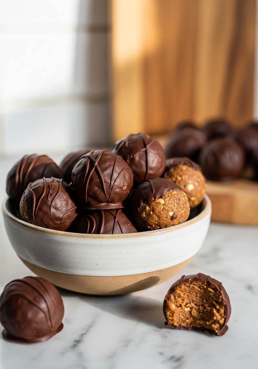A delicious, slightly different angle of the finished gingerbread truffles, perhaps a closer shot revealing the creamy texture beneath the chocolate coating, artfully arranged in a ceramic bowl on the marble countertop. The warm tones are enhanced by natural morning light, with a hint of the wooden cutting board in the background, exuding a welcoming atmosphere.