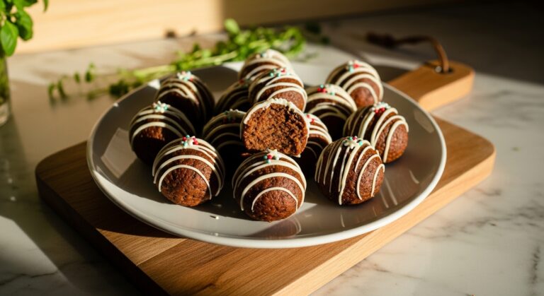 Mouth-watering plate of beautifully coated gingerbread truffles, some drizzled with white chocolate and a few festive sprinkles, displayed on a minimalist white plate on a wooden cutting board, positioned on marble countertops. Natural morning light casts soft shadows, and fresh herbs are subtly visible in the warm-toned background, creating a clean and appealing presentation.