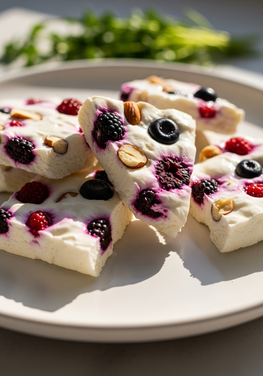 A close-up 3:4 shot of a few irregular pieces of mouth-watering Greek yogurt bark, showing its creamy texture, embedded berries, and nuts. The pieces are artfully arranged on a minimalist white plate, with soft shadows and warm tones from natural morning light. Fresh herbs are subtly visible in the background, adhering to the kitchen's visual identity. No hands or people.
