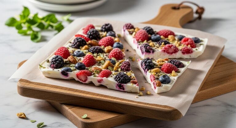 A beautifully composed 16:9 hero shot of a sheet of vibrant Greek yogurt bark, freshly frozen and ready to be broken, adorned with colorful mixed berries and crunchy nuts. It rests on the same wooden cutting board, set against marble countertops with a scattering of fresh herbs in the background. Natural morning light casts soft shadows, creating a warm, inviting, and deliciously appealing scene. No hands or people.