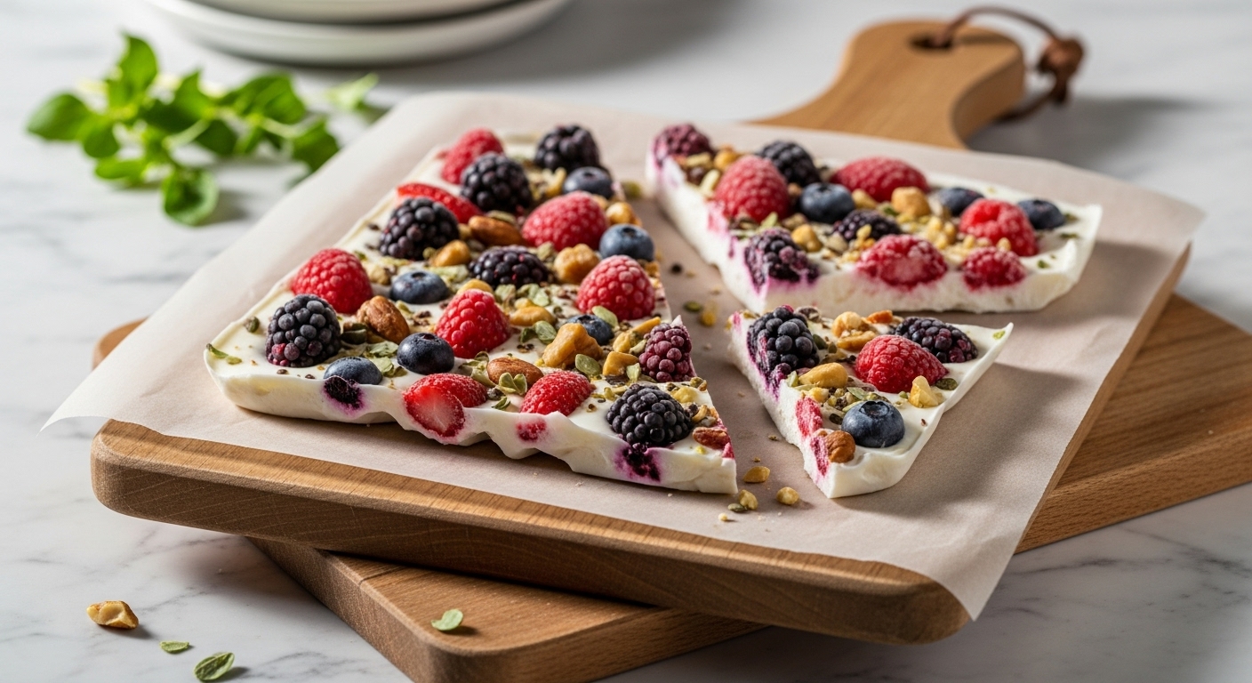 A beautifully composed 16:9 hero shot of a sheet of vibrant Greek yogurt bark, freshly frozen and ready to be broken, adorned with colorful mixed berries and crunchy nuts. It rests on the same wooden cutting board, set against marble countertops with a scattering of fresh herbs in the background. Natural morning light casts soft shadows, creating a warm, inviting, and deliciously appealing scene. No hands or people.
