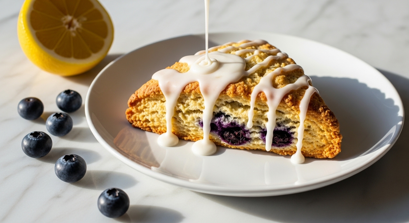 A beautifully plated, delicious Greek Yogurt Blueberry Scone, triangular in shape, with a generous drizzle of white lemon glaze flowing down its golden-brown, crumbly surface. Fresh blueberries and a slice of bright yellow lemon are artfully scattered on the marble countertop next to it. The scone is presented on the brand's minimalist white plate, with soft natural morning light creating warm tones and gentle shadows, capturing a clean and tidy presentation. No hands visible.