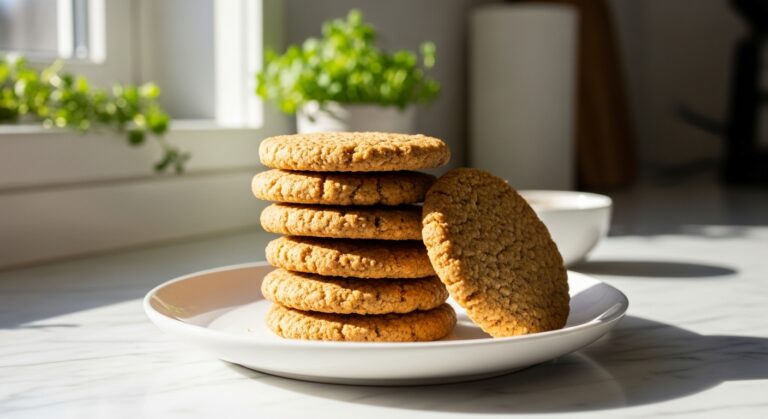 A beautifully composed shot of a stack of golden brown healthy oat cookies on a minimalist white plate, placed on the marble countertop. Natural morning light from the east window casts soft shadows. Fresh herbs are visible in the background, out of focus. The entire scene is clean, tidy, and exudes warm tones, showcasing a delicious and wholesome snack.