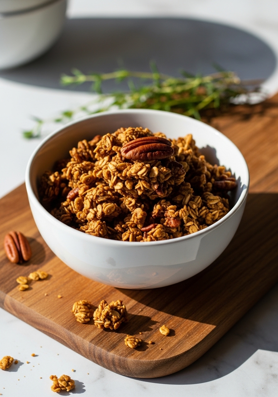 A delicious 3:4 shot of the Holiday Gingerbread Granola, showcasing the crunchy, golden-brown clusters and visible pecans, scooped into a minimalist white ceramic bowl, ready to be enjoyed. The bowl rests on the same wooden cutting board on a marble countertop, bathed in natural morning light, with fresh herbs and soft shadows creating a warm, inviting atmosphere. No hands visible.