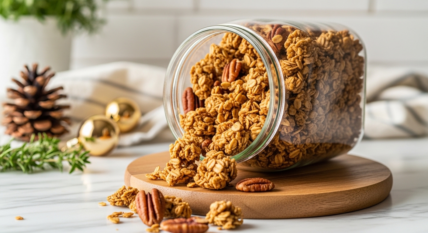 A beautifully composed, mouth-watering 16:9 hero shot of Holiday Gingerbread Granola overflowing from a clear glass jar, showcasing its golden-brown clusters of oats and pecans. The jar sits on a round wooden coaster on a clean marble countertop, with soft natural morning light illuminating the scene. Subtle festive decor like a pinecone and gold ornaments are blurred softly in the background, along with fresh herbs, emphasizing warm tones and a tidy presentation. No hands visible.