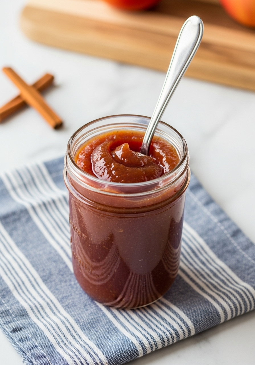 A 3:4 slightly elevated shot of the finished homemade apple butter, presented in a clear mason jar, showing its deep reddish-brown color and glossy, thick texture. A silver spoon is gently dipped into the luscious spread. The jar rests on a blue and white striped linen cloth, on a gleaming white marble countertop. Natural morning light illuminates the scene, with the wooden cutting board subtly in the background and a few fresh cinnamon sticks adding warmth. The presentation is clean, tidy, and utterly delicious.