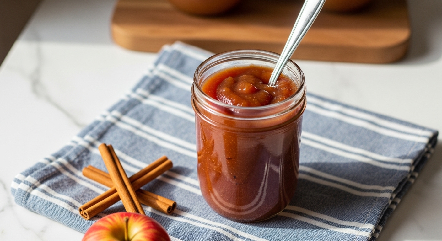 A beautifully composed 16:9 hero shot of homemade apple butter in a clear mason jar, a gleaming silver spoon resting in the rich, deep reddish-brown spread. The jar is placed on a blue and white striped linen cloth, set on a white marble countertop with a subtle wooden cutting board peeking out from behind. Natural morning light streams in, creating soft shadows and highlighting the creamy, smooth texture of the apple butter. Fresh cinnamon sticks are artfully arranged next to a small red apple in the foreground. The overall presentation is clean, tidy, and warm, capturing the genuine love for homemade goodness.
