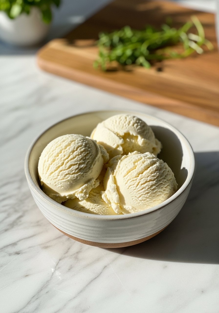 A slightly different angle of the finished, perfectly scoopable homemade vanilla ice cream in a ceramic bowl, showing its creamy texture. It rests on marble countertops with gentle morning light. The wooden cutting board is subtly visible in the background, along with fresh herbs, ensuring a consistent kitchen aesthetic. No hands are present.