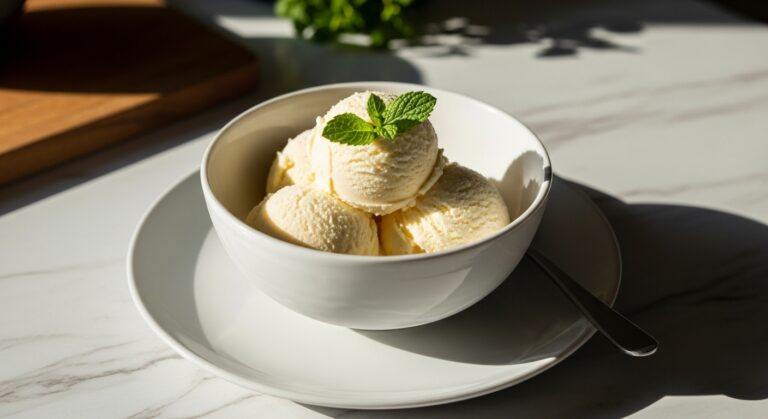 A beautifully composed, delicious-looking bowl of homemade vanilla ice cream, topped with a single sprig of fresh mint. The bowl sits on a minimalist white plate on marble countertops, with natural morning light casting soft shadows. A corner of the wooden cutting board is visible in the background, along with a blurred hint of fresh herbs. Warm tones and a clean, tidy presentation, exuding a genuine love for the process, no hands.