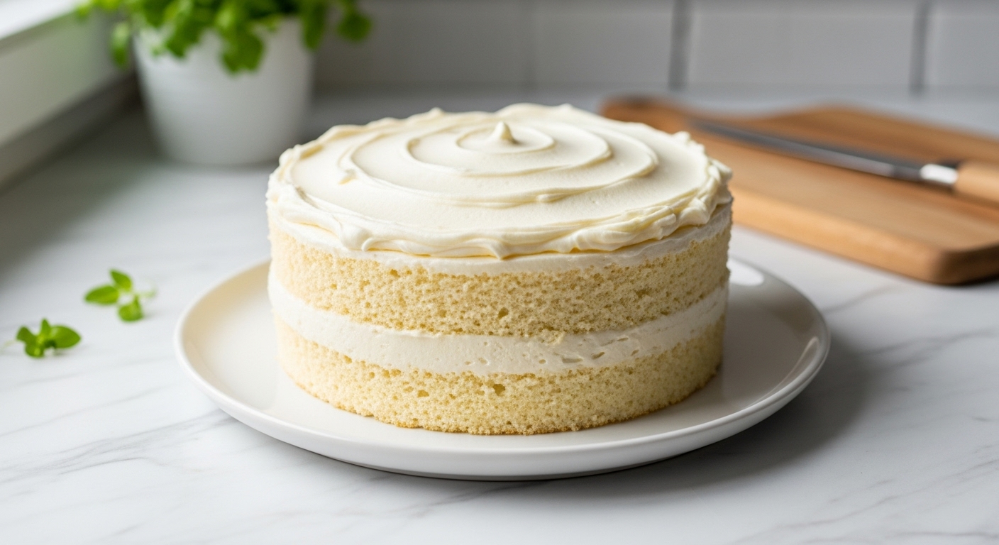 A mouth-watering, perfectly baked eggless vanilla cake, beautifully frosted with white buttercream, centered on a minimalist white plate on marble countertops. Natural morning light from an east window casts soft shadows. Fresh herbs are visible in the background, out of focus. The same wooden cutting board is subtly placed to the side. The presentation is clean, tidy, and evokes warm, inviting tones. Aspect ratio 16:9.