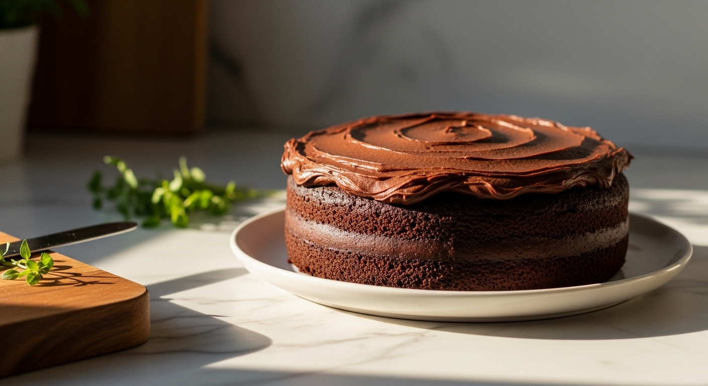 A deliciously appealing 16:9 hero shot of a perfectly baked and frosted chocolate cake, elegantly presented on a minimalist white plate, with fresh herbs subtly visible in the soft background. The marble countertops and a corner of the wooden cutting board are visible, illuminated by natural morning light, creating warm tones and soft shadows. The cake should look moist and rich, with generous chocolate frosting and a tidy presentation.