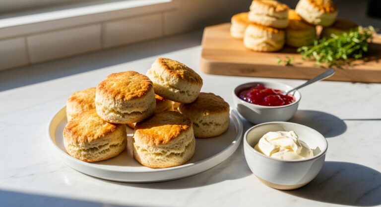 A beautifully composed 16:9 hero shot of freshly baked, golden-brown scones piled delicately on a minimalist white plate, with a small ceramic bowl of strawberry jam and a dollop of clotted cream nearby. The scene is bathed in natural morning light from the east window, highlighting soft shadows. The marble countertops and the same wooden cutting board are visible in the background, along with a sprig of fresh herbs, creating a warm, tidy, and deliciously appealing atmosphere.