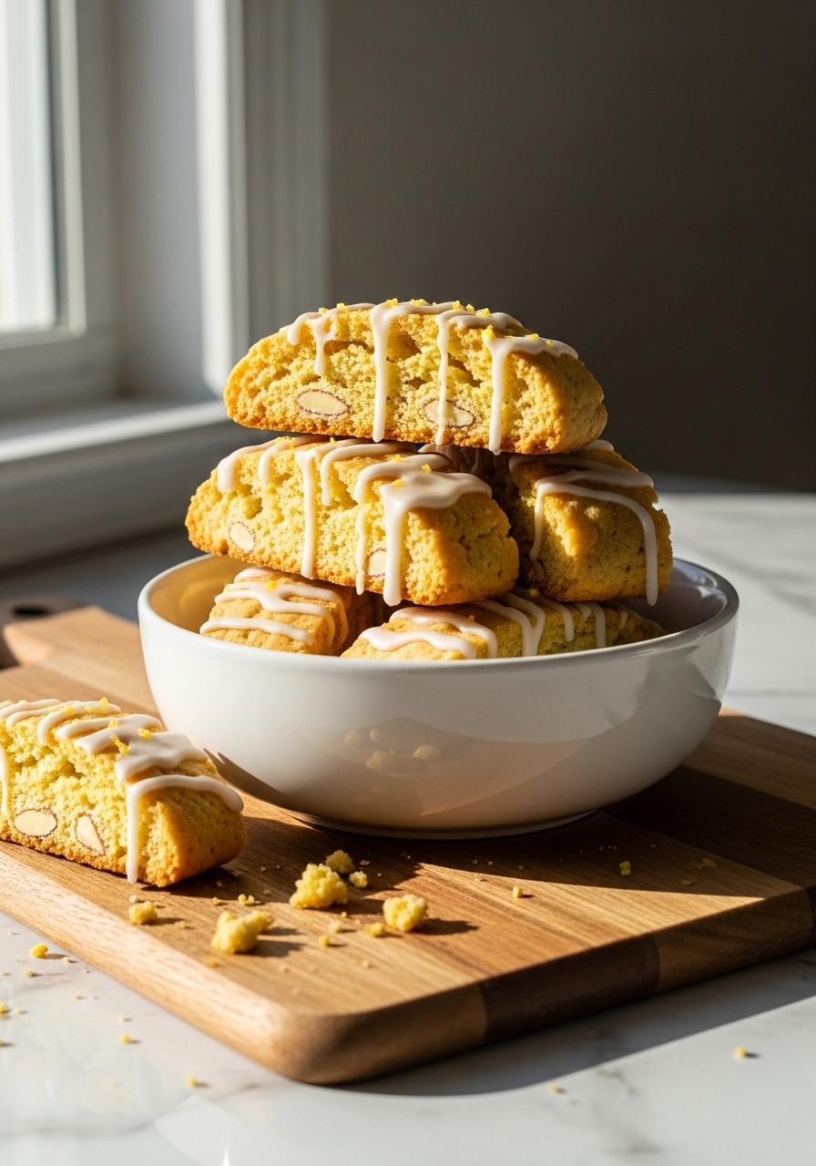 A striking 3:4 shot featuring a small pile of golden-yellow Lemon Biscotti, their distinct porous texture and generous thick white lemon glaze with delightful drips clearly visible, casually stacked in a white ceramic bowl. The bowl is placed on the wooden cutting board, which rests on the light marble countertop, bathed in natural morning light from the east window. Soft shadows play across the scene, and a few artful crumbs around the base add to the lived-in, authentic feel. The presentation is clean and tidy with warm tones, focusing on the irresistible appeal.