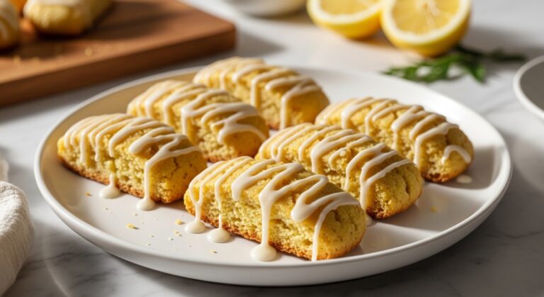 A beautifully composed 16:9 shot of several oblong, golden-yellow Lemon Biscotti, each generously drizzled with a thick, white lemon glaze that authentically drips down, arranged in parallel rows on a minimalist white plate. The plate sits elegantly on a light marble countertop, with the signature wooden cutting board partially visible and subtle wood accents in the background. Natural morning light from the east window casts soft shadows, highlighting the crunchy texture and the glistening, delicious glaze. A few fresh lemon slices and subtle green herbs are artfully placed, blurred in the soft-focused background, emphasizing a clean and tidy presentation with warm tones.