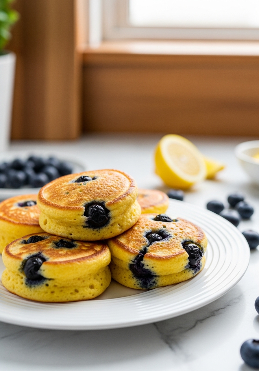 A vibrant 3:4 eye-level close-up shot of several delicious, golden-yellow Lemon Blueberry Pancake Bites, showcasing their fluffy texture and the juicy burst blueberries, on a white ridged plate. The background features warm-toned wood accents and soft natural morning light from an east window, highlighting a pristine marble countertop. A few scattered fresh blueberries are nearby, contributing to the tidy, authentic kitchen feel.