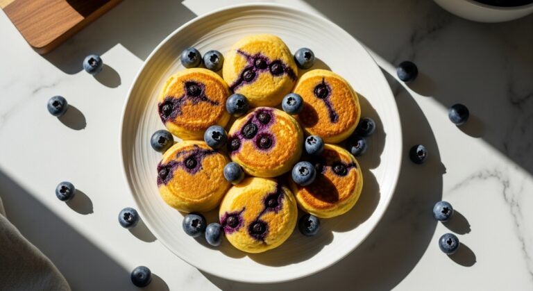 A beautifully composed 16:9 overhead shot of golden-yellow Lemon Blueberry Pancake Bites, some with burst purple blueberry streaks, perfectly arranged on a minimalist white plate with subtle ridges, surrounded by scattered fresh blueberries. The scene is bathed in natural morning light, casting soft shadows on the marble countertop with a hint of a wooden cutting board in the background. The presentation is clean, tidy, and exudes warm tones.