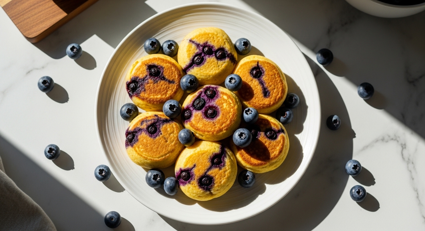 A beautifully composed 16:9 overhead shot of golden-yellow Lemon Blueberry Pancake Bites, some with burst purple blueberry streaks, perfectly arranged on a minimalist white plate with subtle ridges, surrounded by scattered fresh blueberries. The scene is bathed in natural morning light, casting soft shadows on the marble countertop with a hint of a wooden cutting board in the background. The presentation is clean, tidy, and exudes warm tones.