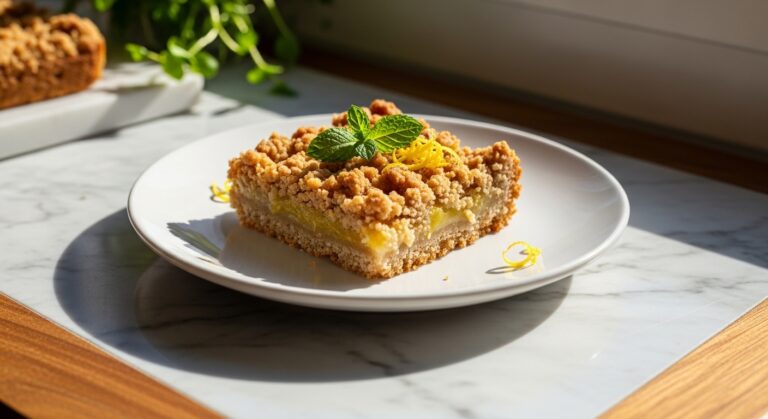 Lemon Oatmeal Crumble Bars A beautifully plated slice of Lemon Oatmeal Crumble Bar on a minimalist white plate, garnished with a tiny sprig of fresh mint and a few lemon zest curls. The scene is set on a marble countertop with wood accents, bathed in natural morning light from an east window. Soft shadows highlight the crumbly texture and zesty filling. Fresh herbs are visible in the background, out of focus. The presentation is clean, tidy, and warm-toned. (16:9 aspect ratio)