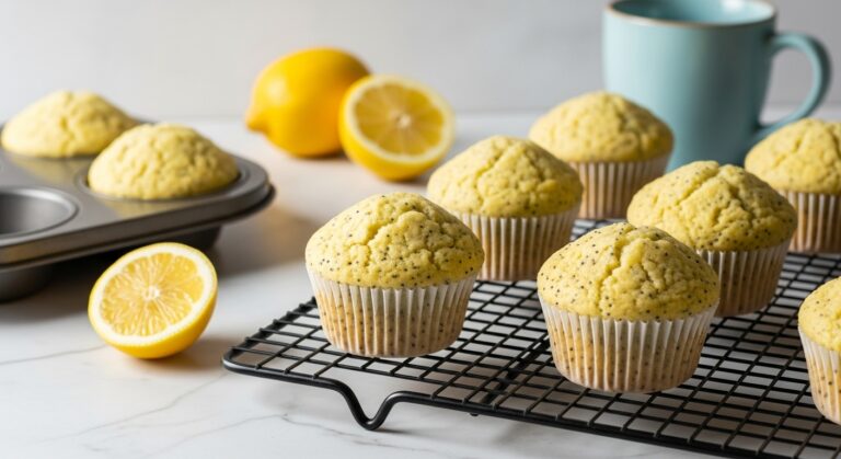 A beautiful 16:9 wide shot featuring several golden-domed Lemon Poppy Seed Muffins, baked in white paper liners with visible poppy seeds, arranged on a black wire cooling rack. In the background, a vintage metal muffin tin with more muffins, half-cut fresh yellow lemons, and a light blue ceramic mug are artfully placed on the white marble countertop. The scene is illuminated by soft natural morning light, casting gentle shadows and evoking a cozy, inviting kitchen atmosphere. No hands.